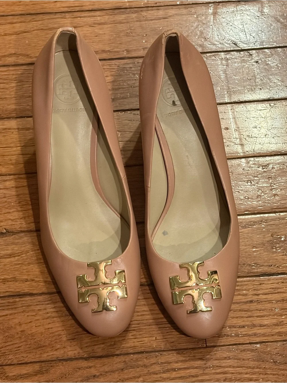 Tory Burch Blush Beige Leather Block Heel Pumps with Gold Logo